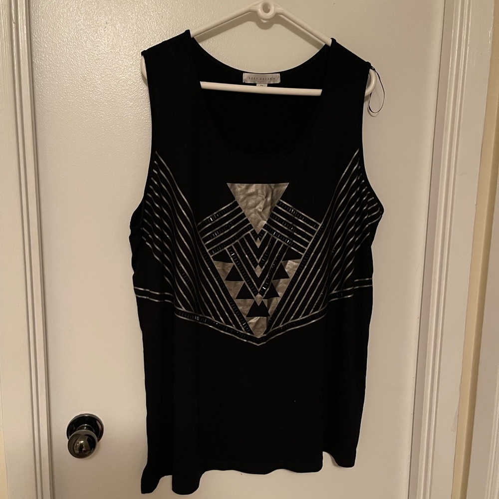 Suzy Shier, never worn, black, patterned-front, long, tank-top.  Size 3X.